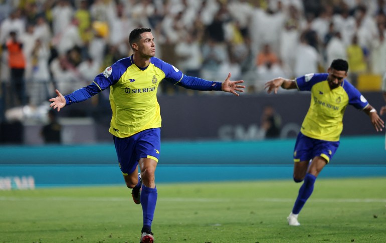 Soccer Football - Saudi Pro League - Al Nassr v Al Shabab - KSU Stadium, Riyadh, Saudi Arabia - May 23, 2023 Al Nassr's Cristiano Ronaldo celebrates scoring their third goal REUTERS/Ahmed Yosri