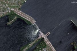 A satellite image shows Nova Kakhovka Dam in Kherson region, Ukraine June 5, 2023. Maxar Technologies/Handout via REUTERS    THIS IMAGE HAS BEEN SUPPLIED BY A THIRD PARTY.  NO RESALES. NO ARCHIVES. MUST NOT OBSCURE LOGO.