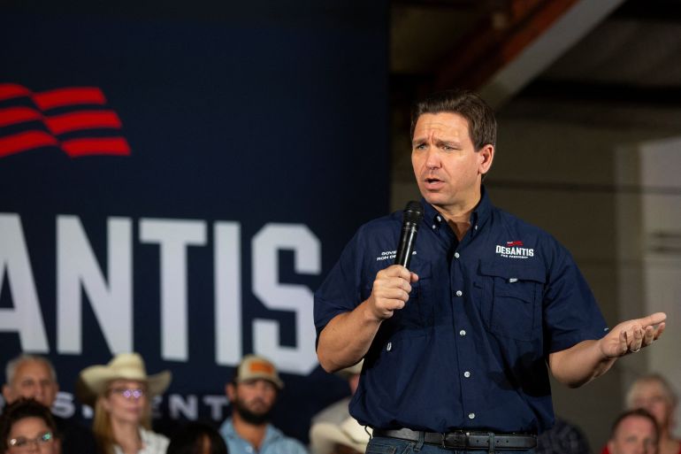 US presidential candidate Ron DeSantis speaks in Eagle Pass, Texas, about his immigration policy