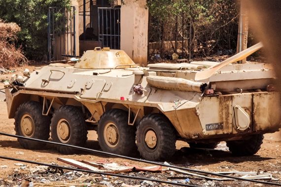 A Sudanese armed forces' (SAF) armoured personnel carrier (APC) is pictured in southern Khartoum