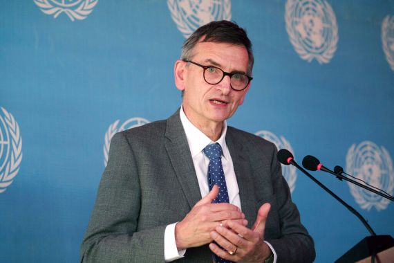 Volker Perthes, the U.N. envoy for Sudan, speaks during a conference in Khartoum, Sudan, Monday, Jan. 10, 2022. Perthes said talks would seek a "sustainable path forward towards democracy and peace" in the country. (AP Photo)
