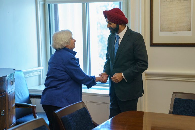 Treasury Secretary Janet Yellen meets with World Bank President Ajay Banga at the Treasury Department, US