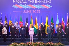 US Vice President Kamala Harris, centre, poses for an official group photo with leaders attending the US-Caribbean leaders meeting in Nassau, Bahamas, on June 8 [Kristaan Ingraham/AP Photo]