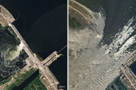 Before and after satellite images of Nova Kakhovka dam [Planet Labs]