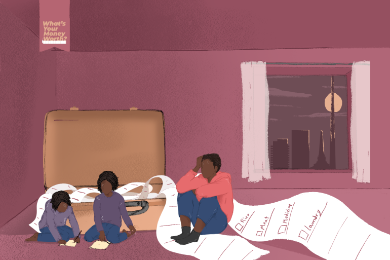 An illustration of a mother and two daughters in a room.