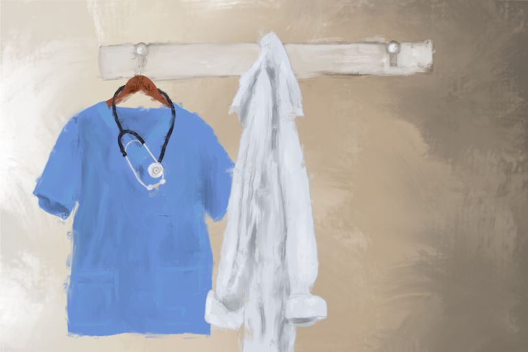 An illustration of a coat rack with a blue shirt (scrubs) with a stethoscope hanging around it on a hanger on the coat rack and a lab coat hanging on the rack next to it.