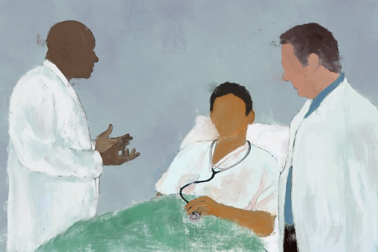 An illustration of a doctor with a stethoscope lying in a hospital bed with two doctors in lab coats on either side, talking to him.