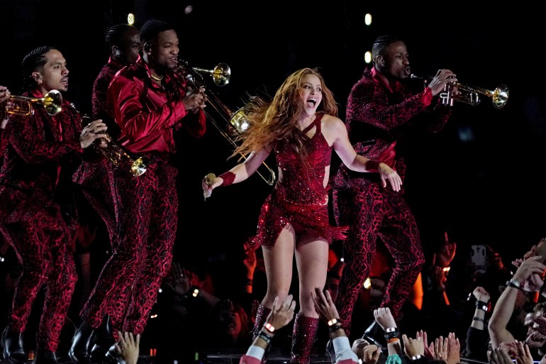 Shakira performs during the halftime show in Super Bowl LIV at Hard Rock Stadium