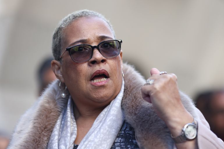 Mina Smallman, the mother of Nicole Smallman and Bibaa Henry, speaks outside the Old Bailey in London after two Metropolitan Police officers pleaded guilty to sharing photos of the bodies of the two murdered sisters on WhatsApp in London, Britain