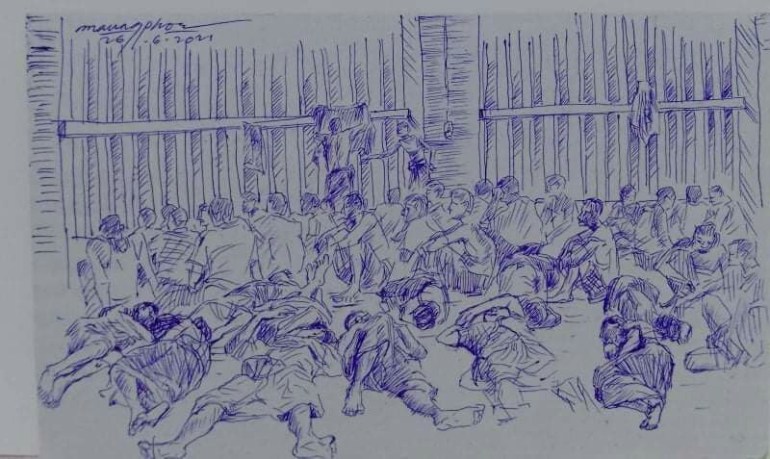 A sketch drawn by a former inmate of the situation inside Insein prison. It shows lots of people sitting on the floor.
