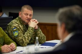Commander-in-Chief of the Armed Forces of Ukraine Valeriy Zaluzhnyi attends a meeting with Ukraine's President Volodymyr Zelenskiy, U.S. Secretary of State Antony Blinken and U.S. Defense Secretary Lloyd Austin, as Russia's attack on Ukraine continues, in Kyiv, Ukraine April 24, 2022. Picture taken April 24, 2022. Ukrainian Presidential Press Service/Handout via REUTERS ATTENTION EDITORS - THIS IMAGE HAS BEEN SUPPLIED BY A THIRD PARTY.