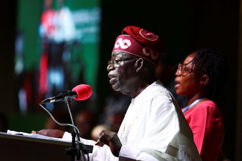 Bola Tinubu speaks at the National Collation Centre in Abuja, Nigeria on March 1, 2023 after being declared Nigeria's new president