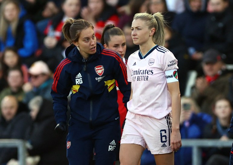 England's Leah Williamson is substituted off the field after sustaining an ACL injury in April 2023