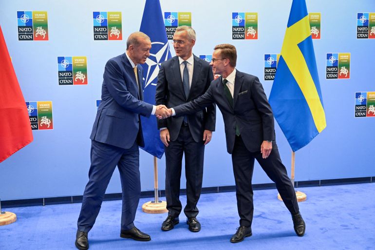 Turkish and Swedish leaders shaking hands at NATO summit