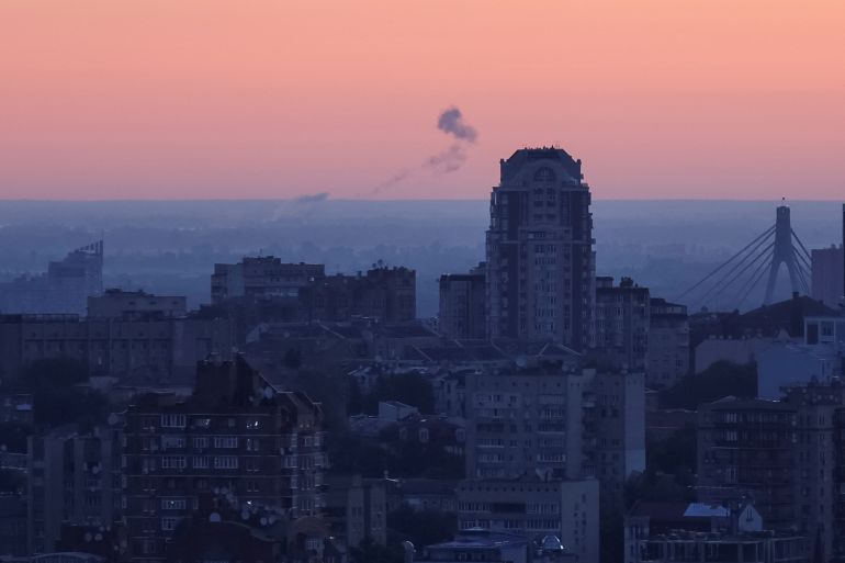 Smoke rises in the sky over the city after a Russian drone strike, amid Russia's attack on Ukraine, in Kyiv, Ukraine July 19, 2023. REUTERS/Gleb Garanich