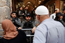 Israeli police blockade the entrance to Al-Aqsa compound also known to Jews as Temple Mount, following a visit to the site by Israel's hard-right National Security Minister Itamar Ben-Gvir, in Jerusalem's Old City