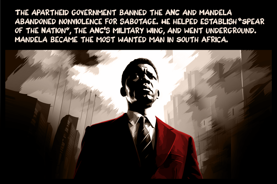 The apartheid government banned the ANC and Mandela abandoned nonviolence for sabotage. He helped establish “Spear of the Nation”, the ANC’s military wing, and went underground. Mandela became the most wanted man in South Africa.
