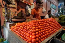 A vendor arranges tomatoes at a vegetable market in Ahmedabad, India, Tuesday, July 11, 2023. (AP Photo/Ajit Solanki)