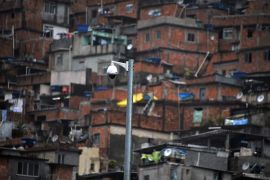 View of a HD camera set up by the militarized police at the Rocinha shantytown in Rio de Janeiro, Brazil