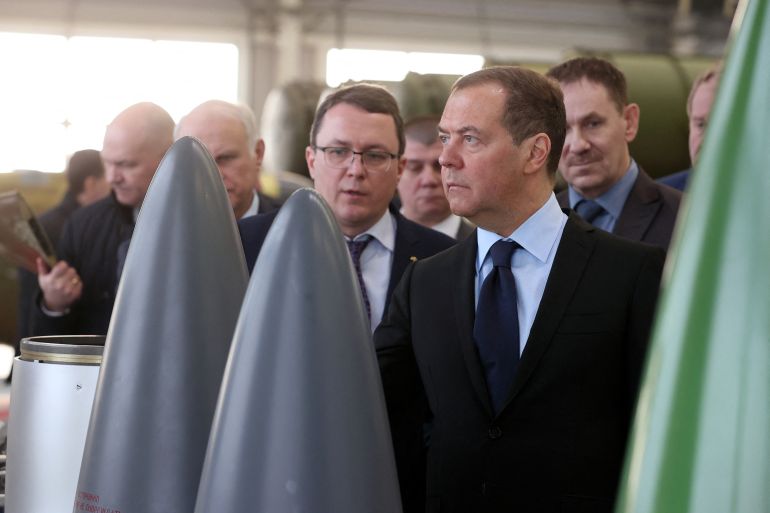 Deputy head of Russia's Security Council and chairman of the United Russia party Dmitry Medvedev visits the Raduga State Machine Building Construction Bureau named after A. Bereznyak in Dubna, Moscow region, Russia February 2, 2023. Sputnik/Yekaterina Shtukina/Pool via REUTERS ATTENTION EDITORS - THIS IMAGE WAS PROVIDED BY A THIRD PARTY.