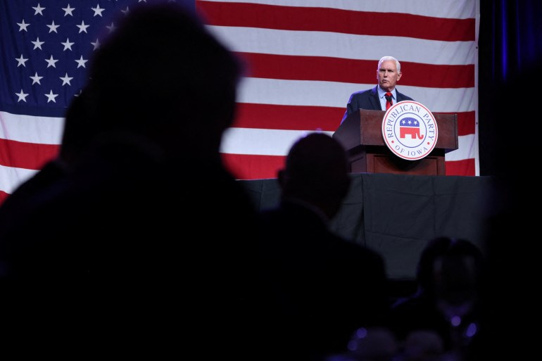 Former U.S. Vice President and Republican presidential candidate Mike Pence speaks at the Republican Party of Iowa's Lincoln Day Dinner in Des Moines, Iowa, U.S., July 28, 2023. 