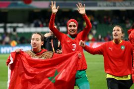 Morocco&#39;s Nouhaila Benzina celebrates after her side beat Colombia in their World Cup Group H match in Perth, Australia, on August 3, 2023 to qualify for the knockout stages [Luisa Gonzalez/REUTERS]