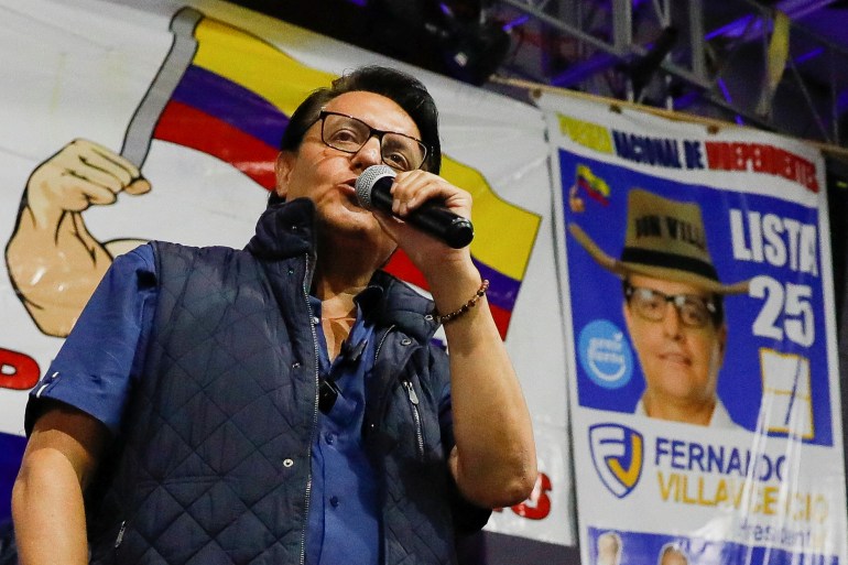 Ecuadorean presidential candidate Fernando Villavicencio speaks during a campaign rally in Quito, Ecuador August 9, 2023. REUTERS/Karen Toro TPX IMAGES OF THE DAY