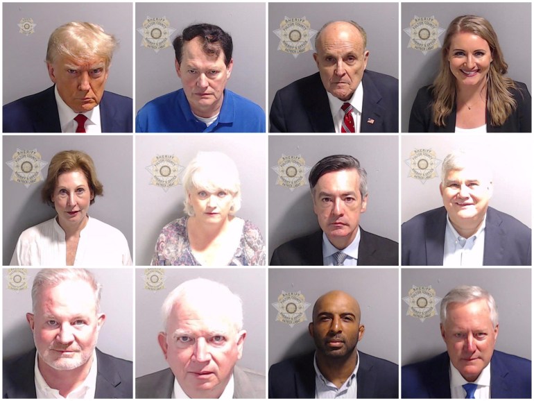 A composite photo of Donald Trump and his co-defendants' mug shots.