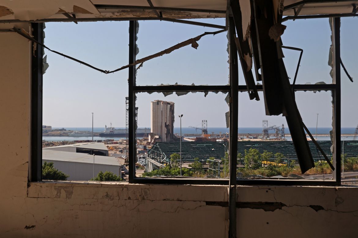 A picture shows a view of the Beirut port, the site of a huge blast