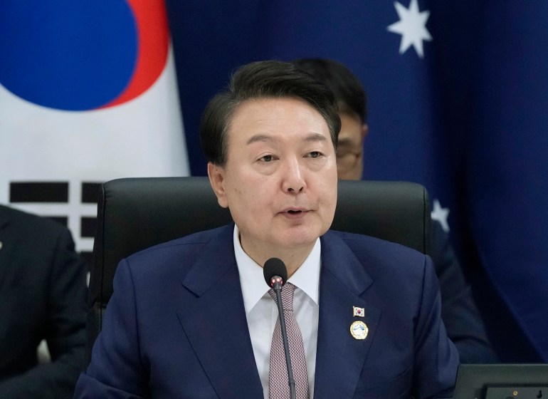 South Korea's President Yoon Suk Yeol speaks during the Korea-Pacific Islands Summit at "Cheong Wa Dae,” or the Blue House, in Seoul, South Korea, Monday, May 29, 2023. South Korea and the Pacific Islands Forum leaders and senior officials participate in the two-day summit. (AP Photo/Ahn Young-joon, Pool)