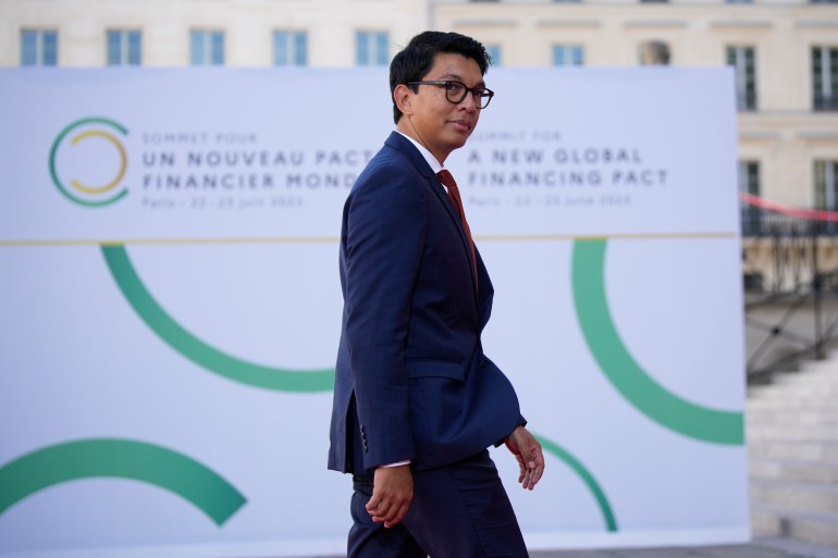 Andry Nirina Rajoelina, President of Madagascar, arrives for the closing session of the New Global Financial Pact Summit in Paris