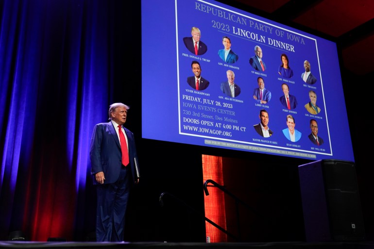 Republican presidential candidate former President Donald Trump arrives to speak at the Republican Party of Iowa's 2023 Lincoln Dinner in Des Moines, Iowa, Friday, July 28, 2023. 