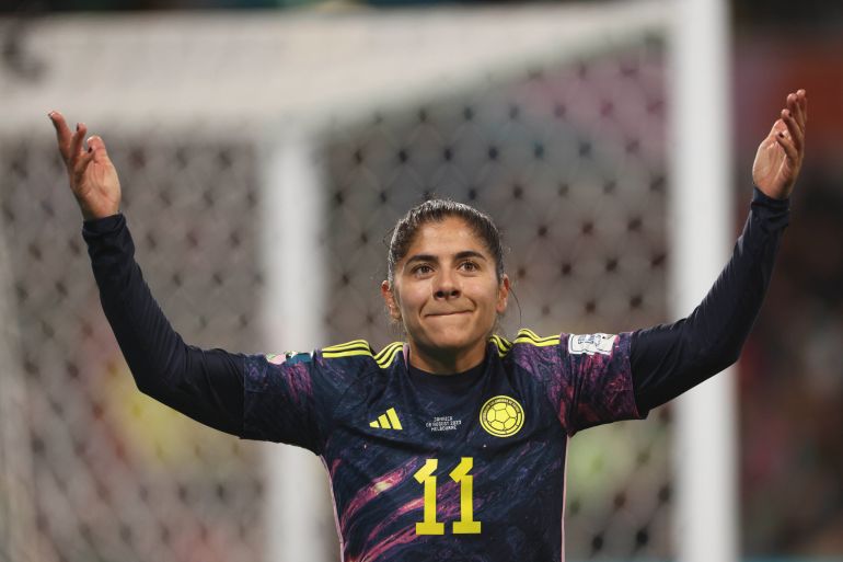 Colombia's Catalina Usme celebrates during the Women's World Cup round of 16 soccer match between Jamaica and Colombia