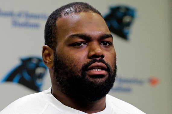 Carolina Panthers' Michael Oher speaks to the media during the first day of their NFL football offseason conditioning program in Charlotte