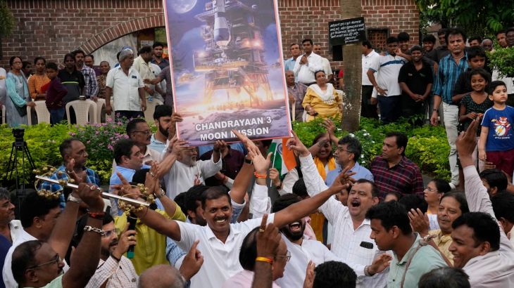 People celebrate as they watch a live telecast of the landing og Chandrayaan-3, or “moon craft” in Sanskrit, in Mumbai, India, Wednesday, Aug. 23, 2023.