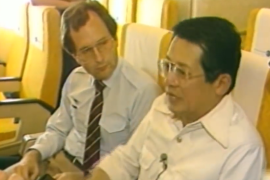 Author Jim Laurie interviewing Benigno Aquino Jr on the plane, minutes before the Filipino opposition leader was shot dead on the airport tarmac on August 21, 1983 [Jim Laurie/Al Jazeera]