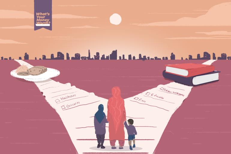 An illustration of a mother in the middle, holding two children, one on either side of her with two roads made of a long receipt diverging in the middle with a plate of food at the end of the left road and pile of two books at the end of the right road. There is also a city silhouette far in the background with the sun shining above.