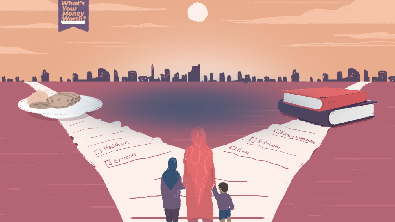 An illustration of a mother in the middle, holding two children, one on either side of her with two roads made of a long receipt diverging in the middle with a plate of food at the end of the left road and pile of two books at the end of the right road. There is also a city silhouette far in the background with the sun shining above.