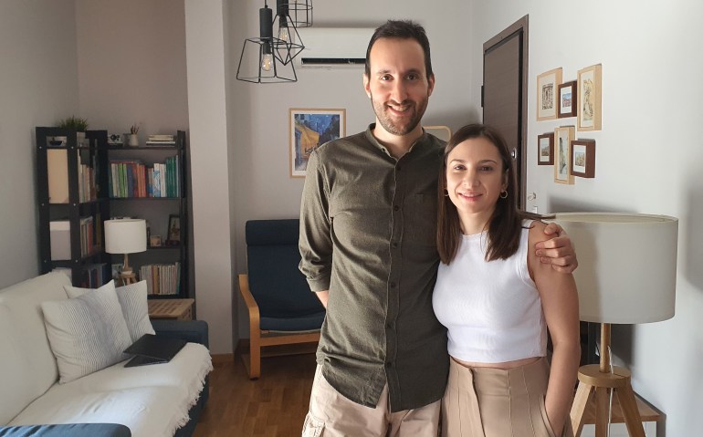 Computer scientist Nikos Larisis and teacher Eleftheria Tsiartsiani at their rented Athens home