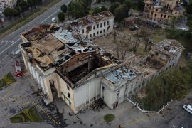 An aerial view shows a building of the House of Officers heavily damaged by a Russian strike in Vinnytsia [File: Reuters]