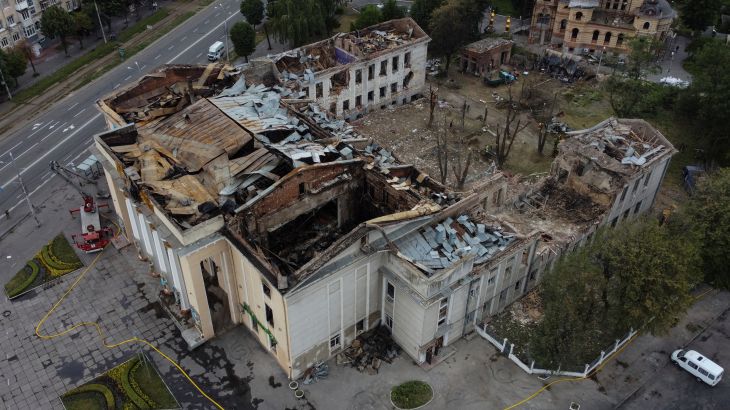 An aerial view shows a building of the House of Officers heavily damaged by a Russian missile strike