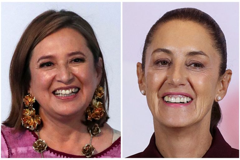 A combination picture shows Mexican Senator Xochitl Galvez (L) after she registered for the Frente Amplio por Mexico opposition alliance's candidacy for the 2024 presidential election, in Mexico City, Mexico July 4, 2023, and outgoing Mexico City Mayor Claudia Sheinbaum