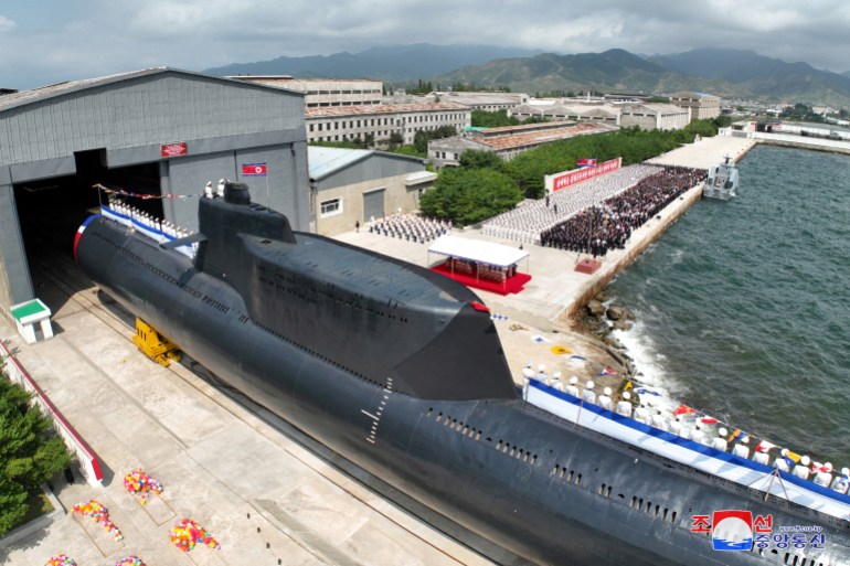 An aerial view of the submarine on the dock ahead of the launch 