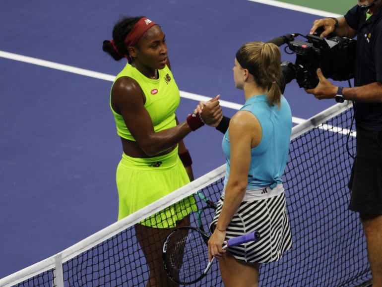 Coco Gauff of the U.S. shakes hands with Czech Republic's Karolina Muchova after winning her semi final match 
