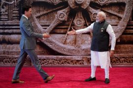 Indian PM Narendra Modi, right, with his Canadian counterpart Justin Trudeau during the G20 summit in New Delhi [File: Evan Vucci/Reuters]