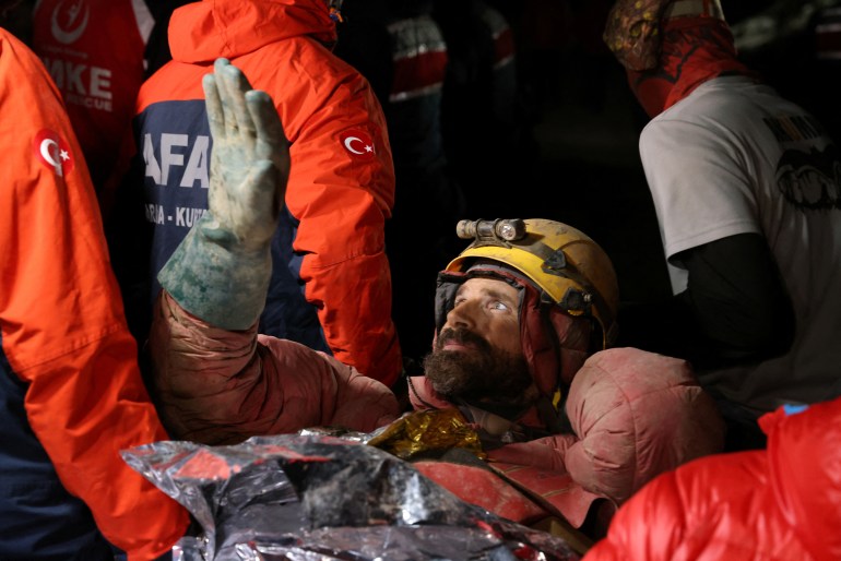 U.S. caver Mark Dickey, on a stretcher, is carried out of the Morca cave as his rescue operation comes to a successful end near Anamur in Mersin province, southern Turkey September 12, 2023. REUTERS/Umit Bektas