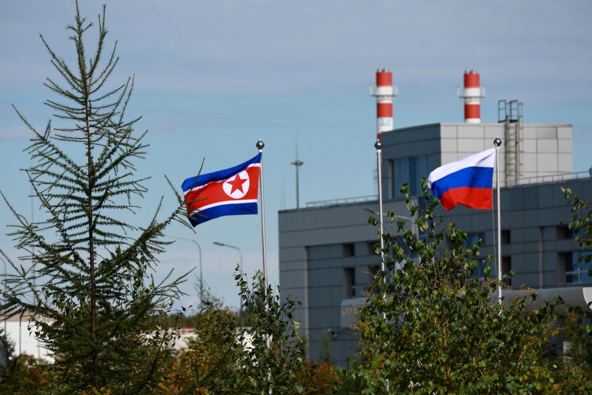 A view shows flags of Russia and North Korea ahead of the meeting of Russia's President Vladimir Putin and North Korea's leader Kim Jong Un at the Vostochny Сosmodrome in the far eastern Amur region