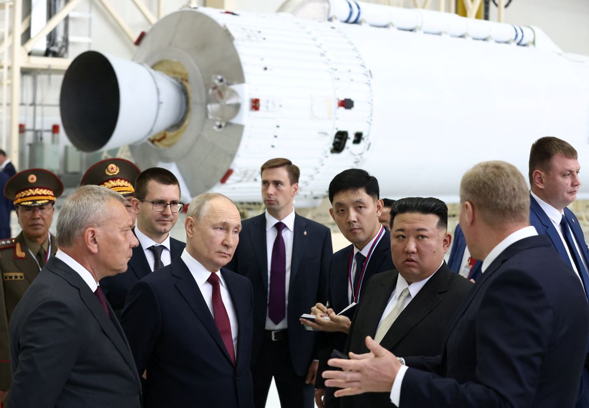 Russia's President Vladimir Putin and North Korea's leader Kim Jong Un visit the Vostochny Сosmodrome in the far eastern Amur region