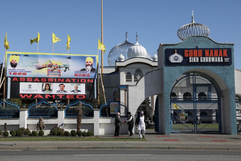 A sign outside the Guru Nanak Sikh Gurdwara temple is seen after the killing on its grounds in June 2023 of Sikh leader Hardeep Singh Nijjar, in Surrey, British Columbia, Canada September 18, 2023. REUTERS/Chris Helgren
