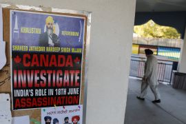 A poster asking for an investigation into India&#039;s role in the killing of Sikh leader Hardeep Singh Nijjar at the Guru Nanak Sikh Gurdwara in Surrey, British Columbia, Canada [Chris Helgren/Reuters]